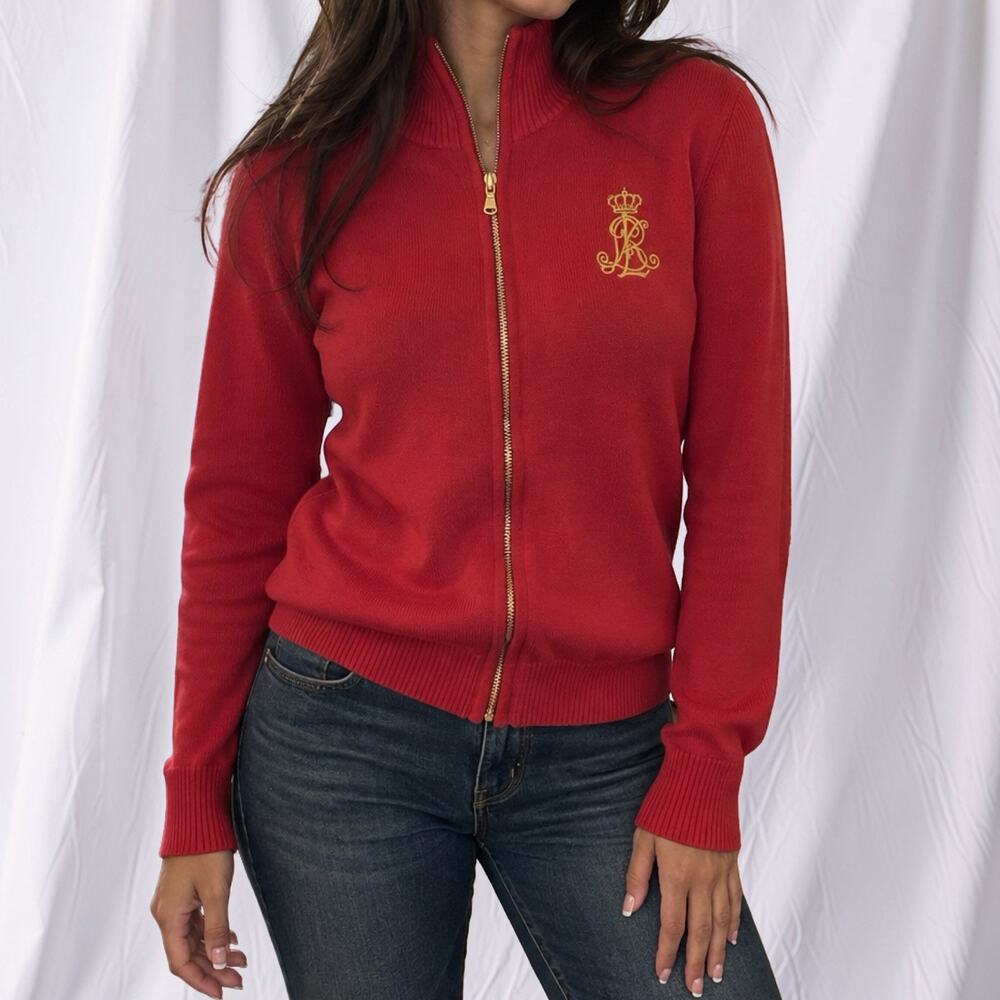 Y2K Lauren Ralph Lauren Red Zip Up Sweater Cardigan XL Gold Crest Logo